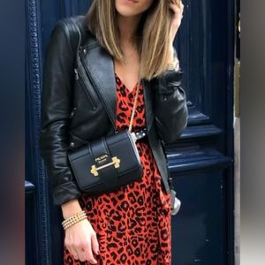 Red black animal print midi ruffle sleeve who what wear dress tie front